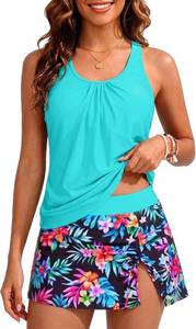 lot 26105 image: Yonique Blouson Tankini Swimsuits with Skirts Two Piece Bathing Suits  Loose Fit, High Waisted A-line Swim Skirt, Size S-18W, Removable Padded Bra, Adjustable Straps Size XL