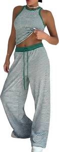 lot 26110 image: EXLURA Womens Cotton Summer 2 Piece Outfits Striped Halter Tops Matching Wide Leg Pant Sets Lounge Tracksuits Vacation Travel Size Large