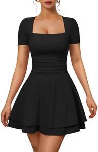lot 26113 image: XXTAXN Womens Sexy Square Neck Short Sleeve Ruched Tiered Ruffle Hem Flowy Club Party Mini Dress Size Medium