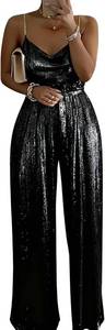 lot 26117 image: Womens Gold Sparkling Jumpsuit Spaghetti Strap Wide Leg One Piece Pants Outfit for Party Evening Night Out