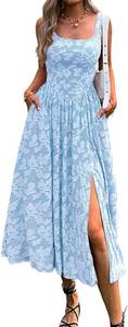 lot 26120 image: Mieazom Womens Summer Floral Boho Flowy Slit Maxi Dress Square Neck Drop Waist Beach Vacation Long Sundress with Pockets Sleeveless Swing Casual Cute Holiday Jacquard Dress Light Blue S