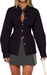 lot 26128 image: HOCANDY Women Long Sleeve Button Down Shirt Tie Back Cinched Waist Lapel Collar Corset Blouse Work Casual Dressy Tunic Shirt Black, Size Large