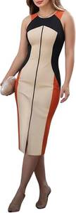 lot 26130 image: CHICME Womens Summer Bodycon Midi Dress Sleeveless Color Block Front Slit Zipper Party Work Dress Black Size XL