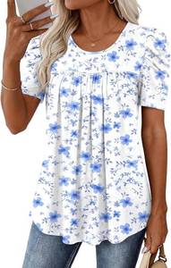 lot 26132 image: Anydeer Women Tunic Top Summer Short Puff Sleeve Chest Pleated Tshirts Casual Round Neck Blouse Loose Tee, White Blue Floral, Size XL