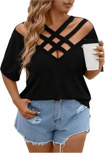 lot 26139 image: SOLY HUX Womens Plus Size T Shirt V Neck Criss Cross Cut Out Short Sleeve Tee Summer Casual Tops, Size 1XL