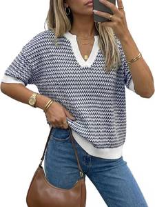 lot 26143 image: Arach&Cloz Womens 100% Cotton Polo V Neck Striped Short Sleeve Summer Casual Pullover Sweaters 2026, White Navy Patterned, Size Medium