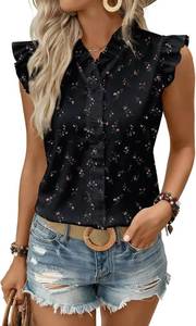 lot 26153 image: Astylish Womens 2026 Floral Chiffon Blouses V Neck Ruffle Sleeve Fitted Tops Boho Chic Tank Shirts, Side large