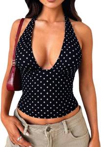 lot 26155 image: Womens Y2K Mesh Halter Top Sexy V Neck Backless Open Back Leopard Cheetah Print Polka Dot Going Out Tops for Women, Size XS