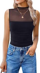 lot 26156 image: Avidlove Womens Mock Neck Mesh Bodysuit Ruched Tank Body Suits Top Sheer One Piece Going Out Tops Classy Outfits, Size Large, Black