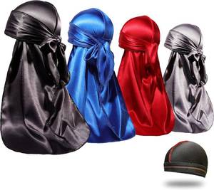 lot 26158 image: 4PCS Silky Durags for Men Women 360 Waves with 1 Wave Cap, Silky Satin Durag Extra Long Tails