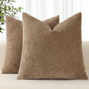 lot 26161 image: decorUhome Chenille Brown Throw Pillow Covers 16x16 Inch Set of 2, Decorative Soft Couch Pillow Covers Solid Dyed Accent Farmhouse Neutral Square Pillow Cases for Sofa