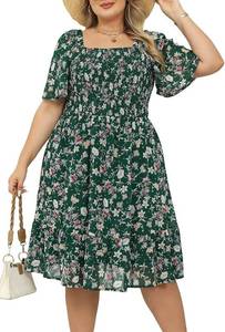 lot 26164 image: Plus Size Floral Chiffon Casual Dress Smocked Square Neck Flowy A-Line for Curvy Women Wedding Guest Party ELG007, Green Floral, Size 2XL