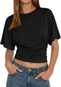 lot 26169 image: Tankaneo Womens Summer Short Sleeve Crop Tops Cinched Waisted Ruched Top Going Out T Shirts Trendy Casual Basic Tee, Size XL, Black