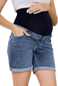 lot 26174 image: OVRUNS Women Maternity Jean Shorts Over The Belly Stretchy Comfy Rolled Cuff Pregnancy Denim Shorts with Pockets, Size Medium