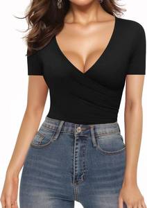 lot 26178 image: MANGOPOP Womens Cross Wrap Ruched Plunge Sexy Deep V Neck Slim Fit Short Sleeve T Shirt Tunic Tops Tee, Size XL, Black