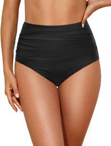 lot 26180 image: Tempt Me Women High Waisted Bikini Bottom Retro Ruched Swim Bottom Shirred Tankinis Brief, Black, Size Large