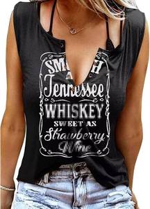 lot 26186 image: Smooth As Tennessee Tank Top Sweet As Strawberry Shirt Ring Hole Sleeveless Sexy V Neck Womens Retro Country Music Top, Black, Size Medium
