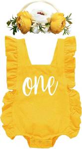 lot 26187 image: BGFKS Ruffle Sleeve Romper for Baby Girl, Toddler Girls 1st Birthday Bodysuit with Flower Headband.