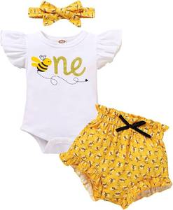 lot 26191 image: YOUNGER TREE Infant Baby Girl 1st Birthday Outfits Bumble Bee Printed One Romper Shorts Headband Summer Ruffle Sleeve Clothes