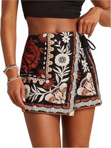 lot 26195 image: SweatyRocks Womens Boho Mini Skirts Floral Shorts Tie Side Wrap Elastic Waist Summer Skorts Beach Vacation Outfits, Size Medium, Brown Floral