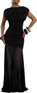 lot 26260 image: YMDUCH Womens Elegant Sleeveless Ruched Bodycon Mesh Sheer Long Formal Evening Party Dress SIZE S