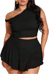 lot 26263 image: Verdusa Womens Plus Size 2 Piece Outfits Mesh Off Shoulder Crop Tops with Ruffle Skirt Summer Clothing Set SIZE XXL
