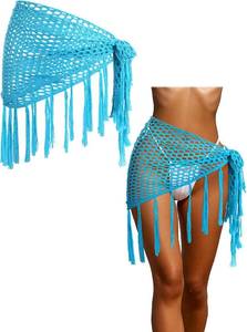 lot 26273 image: Geyoga Women Crochet Cover up Skirt Triangle Shawl Mermaid Skirt Hollow out Swimwear Tassel Beach Grid Knitted Wrap