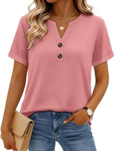 lot 26274 image: rosemia Henley Shirts for Women Short Sleeve Dressy Casual Blouses Summer V Neck Plus Size Tops 2026 SIZE L