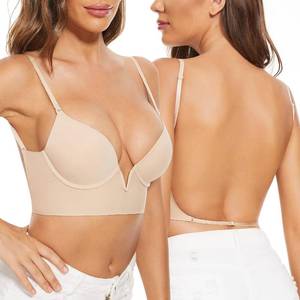 lot 26289 image: Low Back Bras-Seamless Deep-V Plunge Invisible Backless Bra-Underwire Lightly Lined Multiway Halter Bra Low Cut Bra 34D