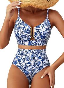 lot 26308 image: Herseas Womens 2 Piece High Waisted U Wire Bikini Set Floral Print Swimsuit Crisscross Back Bathing Suit Beach Swimwear SIZE XL