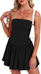 lot 26310 image: Beaully Womens Strapless Tube Mini Dresses Summer Ruffle Romper with Built-in Shorts for Beach Vacation Outfits SIZE S