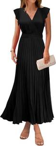 lot 26312 image: KIRUNDO Womens Summer Maxi Dresses Elegant V Neck Ruffle Flutter Sleeves Empire Waist Pleated Flowy Wedding Guest Dress SIZE S