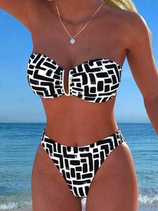 lot 26314 image: Womens Hot Pink Striped Trim Bandeau Bikini Set, Lace-Up Back High Cut Two Piece Swimsuit SIZE M