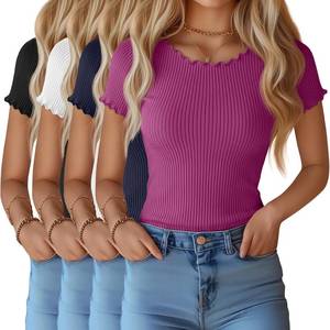 lot 26315 image: 4 Pack Womens Short Sleeve Cotton Shirts Ribbed Lettuce Trim Tops Slim Fit Crew Neck Casual Summer Basic Tees SIZE XXL