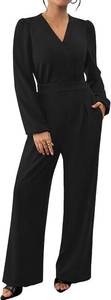 lot 26325 image: chicyes Womens Jumpsuits Dressy Spring Long Sleeve V Neck Wide Leg Pants Romper Casual Spring Vacation Travel Outfits SIZE L