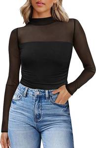 lot 26336 image: Womens Sexy Mesh Long Sleeve Shirts Fashion Clothing Turtle Necks Sheer Ruched Going Out Tops Fall Outfits Slim Fit Blouses SIZE S