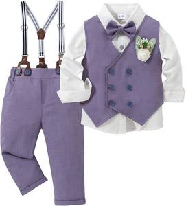 lot 26345 image: YALLET Toddler Baby Boy Clothes Suit Gentleman Wedding Outfits, Formal Dress ShirtBowtieVestBoutonniereSuspender Pants SIZE 3T TO 4T