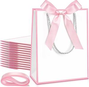lot 21352 image: Silkfly 12 Pcs Wedding Paper Gift Bags with Handle 9x7x3.15 Thank You Gifts Bags with Ribbon Bow Bridal Shower Gifts Handbags for Baby Shower Birthday Party Favor Supplies (White,Pink)