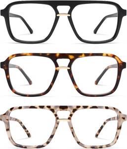 lot 21374 image: AMOMOMA 3 Pack Trendy Aviator Reading Glasses for Women Men Stylish Square Blue Light Blocking Readers AM6164