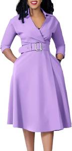 lot 21380 image: Elainone Womens 34 Sleeve Flared A Line Dress Wedding Guest Casual Semi Formal Office Lady Dresses with Belt Size XL