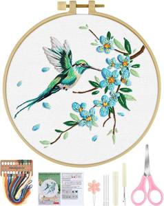 lot 26233 image: ERKOON Embroidery Kit for Beginners, Hummingbird and Flower Cross Stitch Set for Include Embroidery Cloth Hoops Threads for Craft Lover Hand Stitch with Embroidery Skill Techniques (Green Hummingbird)