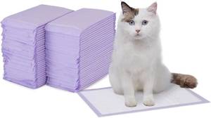 lot 26235 image: Amazon Basics Cat Pee Pads, Odor Control, Super Absorbent, Disposable, Universal Fit for Litter Box, Unscented, Multi Cat, WhitePurple