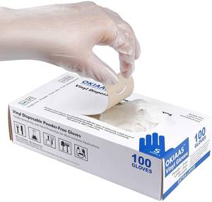 lot 26238 image: OKIAAS Disposable Gloves S, Food Safe, Bulk of 100 PcsLatex and Powder-Free Clear Vinyl Gloves for Cleaning, Food Prep