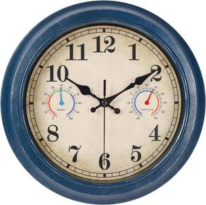 lot 26376 image: 12 Inch Outdoor Clock with Thermometer and Hygrometer Combo, Waterproof Indoor Outdoor Wall Clocks for Patio, Pool, Garden, Bathroom Decor- Blue