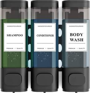 lot 26384 image: Shampoo and Conditioner Dispenser   Wall-Mounted Shower Soap Dispenser, No-Drill Installation, Lockable, 900 ml Capacity,for Bathroom & Hotel or Airbnb (Black, 3-Pack)
