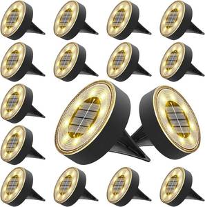 lot 26393 image: Joomer Solar Ground Lights, 16 Pack 8 LED Solar Lights Outdoor IP68 Waterproof Disc Light In-Ground Landscape Lighting Outdoor for Patio Pathway Lawn Yard Driveway Walkway (Warm White)