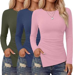 lot 26414 image: 3 Pack Long Sleeve Shirts for Women, Crew Neck Asymmetrical High Low Split Ruched Cute Y2K Going Out Workout Tops SIZE L