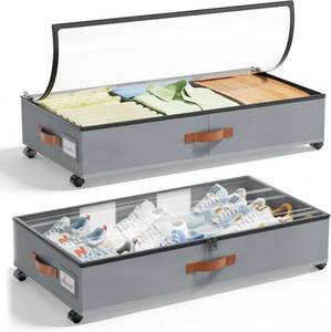 lot 26417 image: LAMU Under Bed Storage with Wheels, 2 Pack Under Bed Storage Containers with Clear Lids & Label, Rolling Under Bed Drawers for Clothes, Shoes, Blankets, Grey