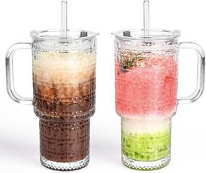 lot 26448 image: 18oz Glass Tumbler with Handle & Lid   2-Pack Iced Coffee Cups with Straws, Glass Mug for Cold & Hot Beverages Travel Cup for Smoothies, Tea, and Juice (clear-Gemstone pattern-2pack)