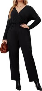 lot 13581 image: Black Jumpsuit for Women Business Casual Outfits, V Neck Long Sleeve High-Waist Wide-leg Pants Plus Size XL